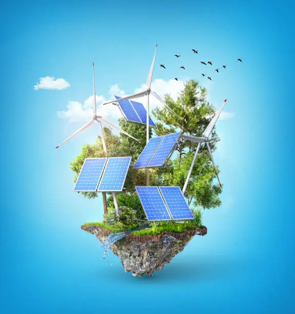 Photo of Eco energy. Solar panels with wind stations on the island. 3d illustration