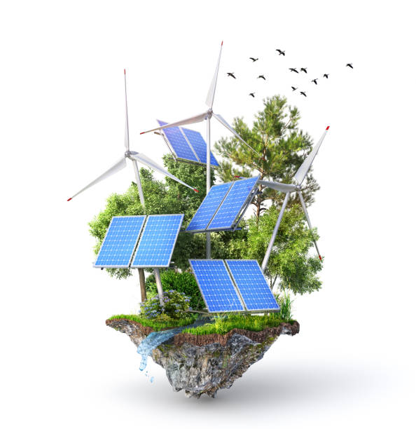 istock Eco energy. Solar panels with wind stations on the island. 3d illustration 1214929337