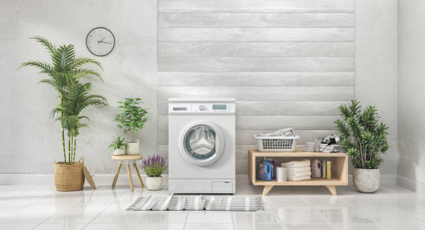 waschküche mit weißer wand und holzwand, blumen. 3d-illustration - waschmaschine stock-fotos und bilder