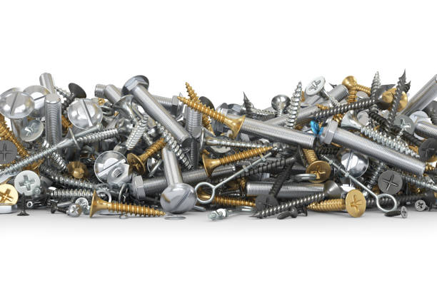 many different screws and nuts isolated on white. 3d illustration - screwdriver screw tighten fastener imagens e fotografias de stock