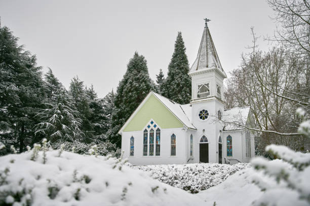 The historic Richmond Chapel in Minoru Park with a blanket of fresh snow.
