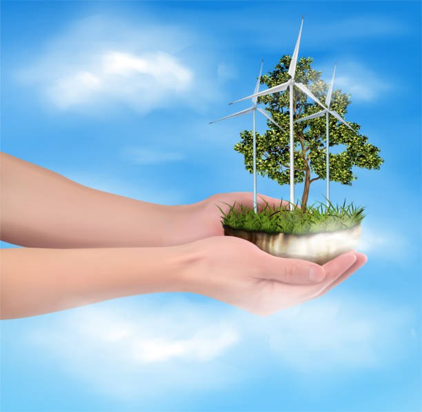 istock Conservation of eco-energy by people. Hands of a man. Vector illustration. 1214930287