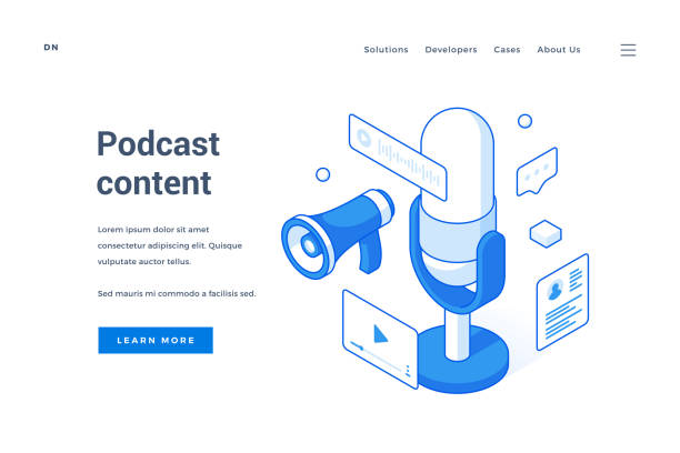 Web banner for interesting podcast content advertisement Vector illustration of audio devices for interesting podcast content recording depicted near description and link button on advertisement banner. Isometric web banner, landing page template podcasting illustrations stock illustrations