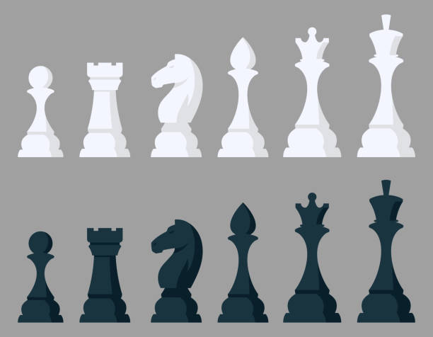 illustrazioni stock, clip art, cartoni animati e icone di tendenza di set di pezzi per scacchi. oggetti in bianco e nero in stile cartone animato. - black hobbies chess knight chess