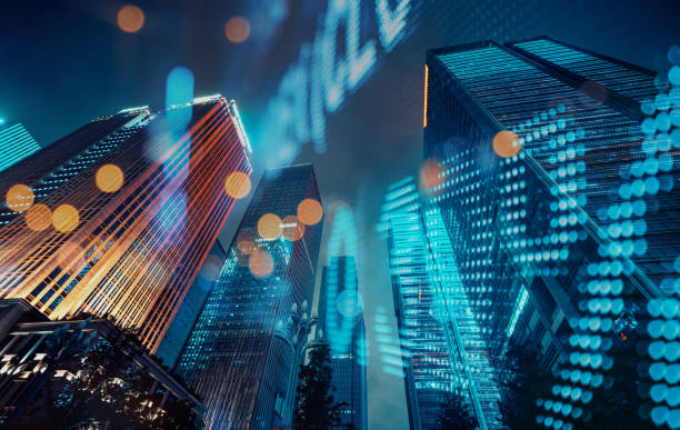 istock Display stock market numbers and financial district background 1214932021