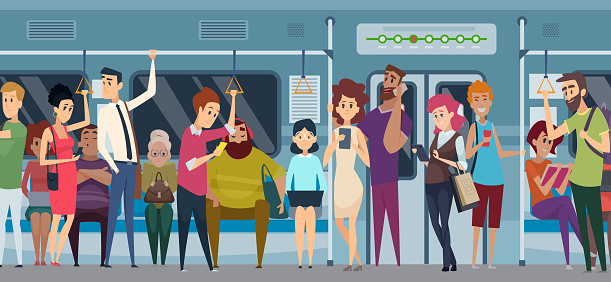 Subway rush hour. Crowd in urban metro daily rushing people going to the work travellers in train with phone and books vector cartoon characters. Illustration crowd metro city, public transport subway