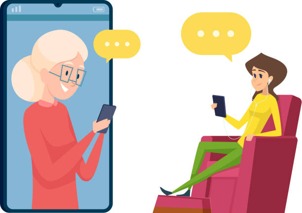 ilustrações de stock, clip art, desenhos animados e ícones de video call to parents. daughter and mother talking phone. happy grandmother and granddaughter, elderly woman with smartphone vector illustration - wireless technology cheerful granddaughter grandmother