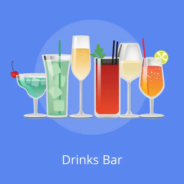 Vector illustration of Set Summer Cocktails Vodka with Juice, Blue Lagoon