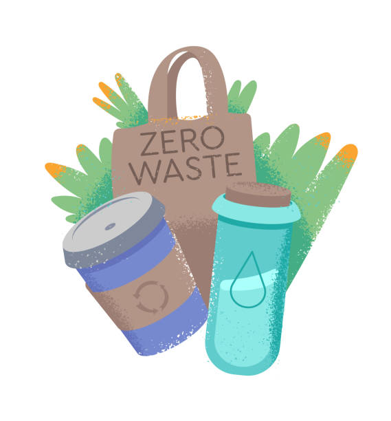 Zero waste print Cartoon doodle style illustration in hipster style with things for reuse cup for hot drink, bottle for water and eco-bag. Zero waste, eco friendly, save the planet from trash concepts. drawing of a save the earth posters stock illustrations