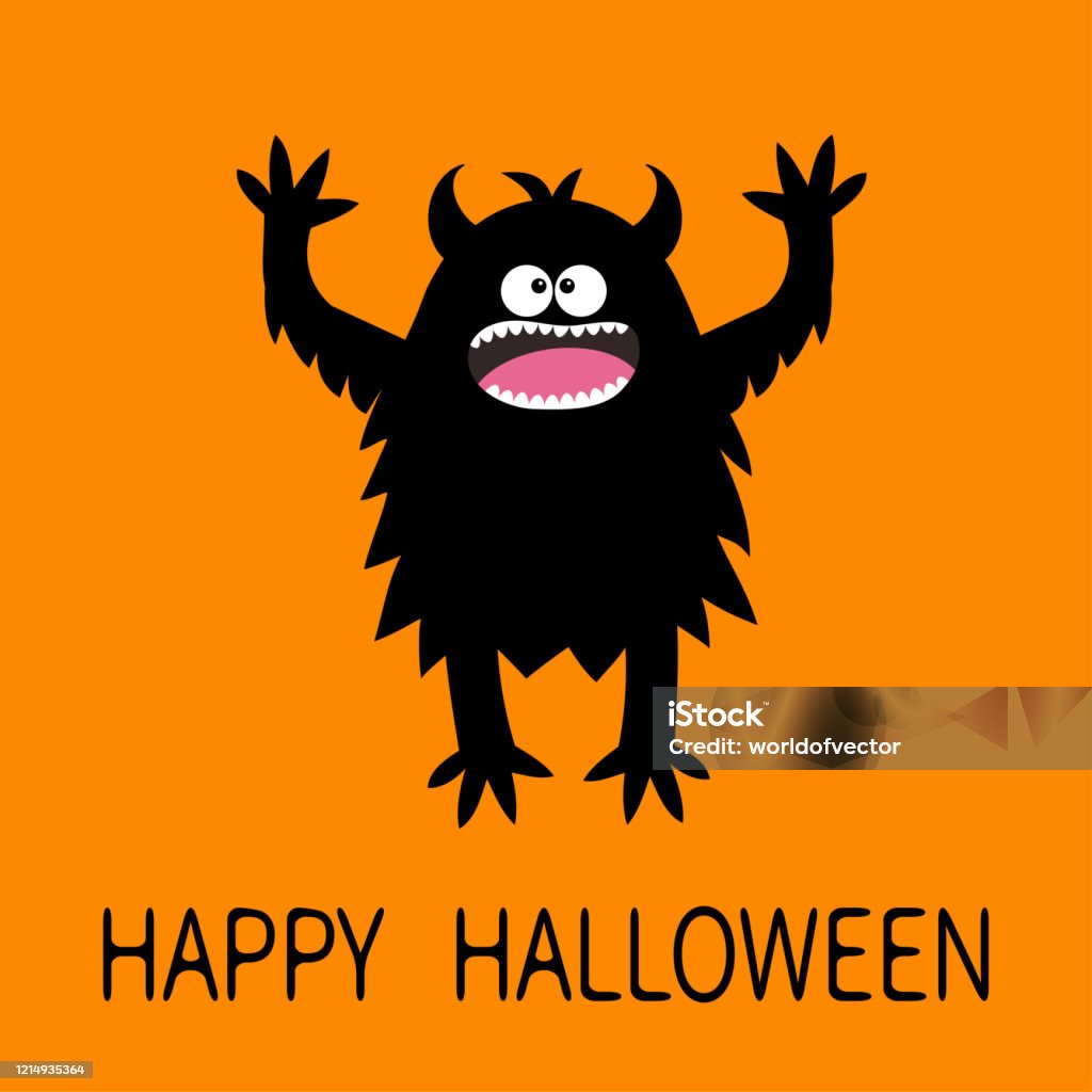 Happy Halloween Monster Screaming Spooky Fluffy Silhouette Two Eyes Teeth  Hands Up Yeti Bigfoot Fur Black Funny Cute Cartoon Kawaii Character Baby  Collection Flat Design Orange Background Stock Illustration - Download Image