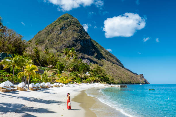 santa lúcia caribenha, mulher de férias na ilha tropical de santa lúcia - rock sugar - fotografias e filmes do acervo