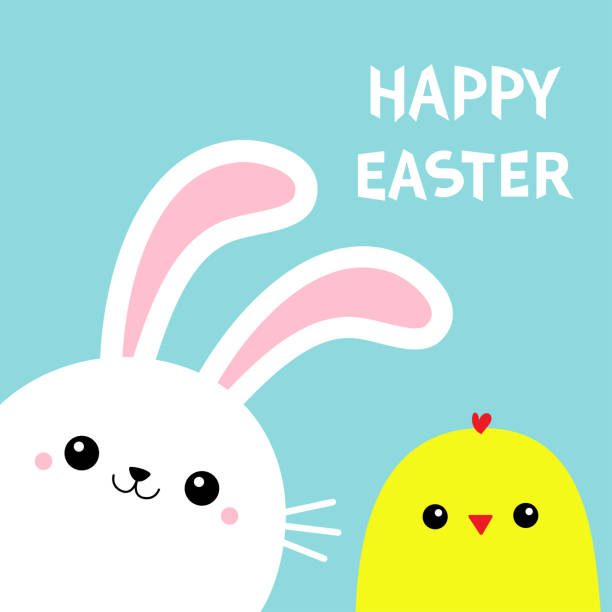 Happy Easter Bunny Rabbit Chicken Bird Chick Face Head In The Corner Cute  Kawaii Cartoon Funny Smiling Baby Character Set White Farm Animal Blue  Background Isolated Flat Design Stock Illustration - Download