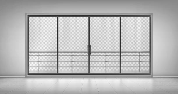 Glass window door with balcony railings mock up Glass window door with balcony railings and closed doors isolated on transparent background. Empty room with tiled floor, hotel apartment, mall, office interior design, Realistic 3d vector mock up supermarket borders stock illustrations