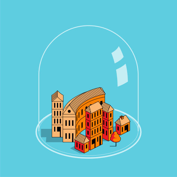 quarantine isometric city in quarantine dome stock illustrations