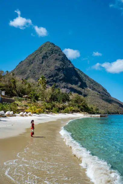 Photo of St Lucia Caribbean, woman on vacation at the tropical Island of Saint Lucia