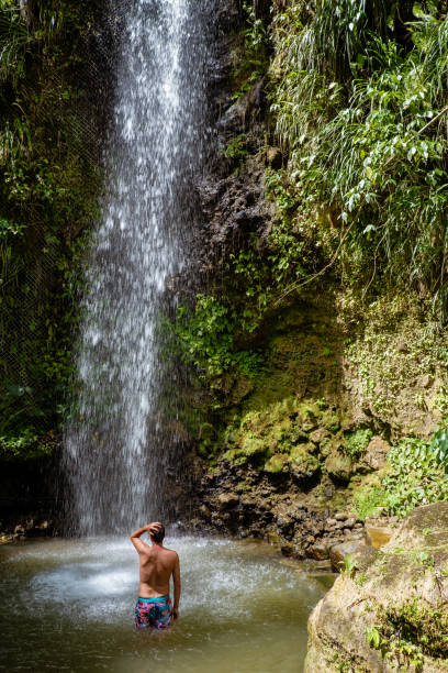 istock young men posing at Toraille waterfall St Lucia. Saint Lucia jungle with waterfall and men swimming 1214942332