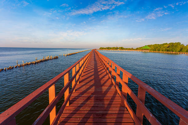 A scenic view of a weathered wooden pier extending into the calm blue sea on Koh Rong island, Cambodia.