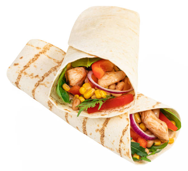 istock Tortilla wrap with fried chicken meat and vegetables isolated on white background 1214950090