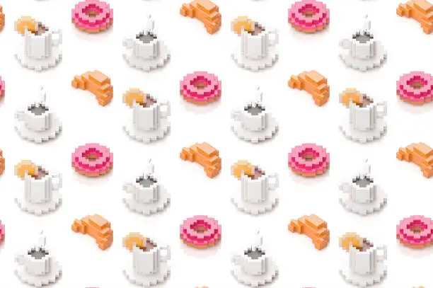 Seamless pattern with cup of coffee, donuts and croissants. 3d illustration in voxel style.