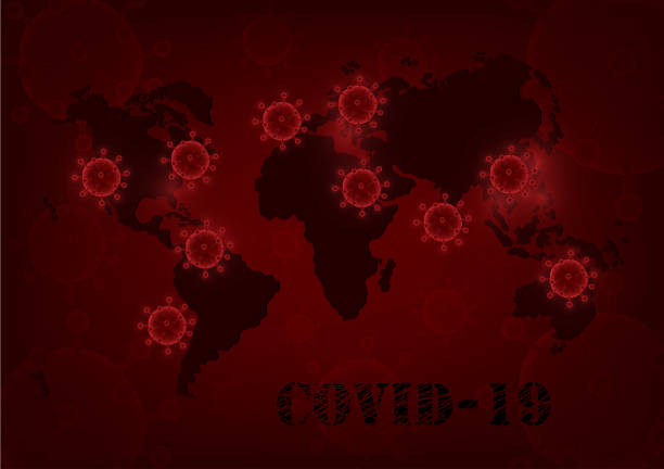 istock Vector concept design of Covid-19 outbreak around the World on dark and luminous red background 1214953472
