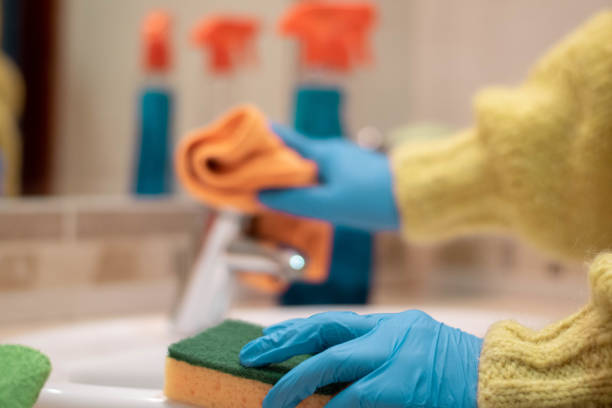 istock Cleaning with spray detergent, rubber gloves and dish cloth 1214954498
