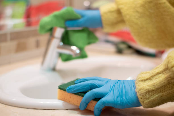 istock Cleaning with spray detergent, rubber gloves and dish cloth 1214954600