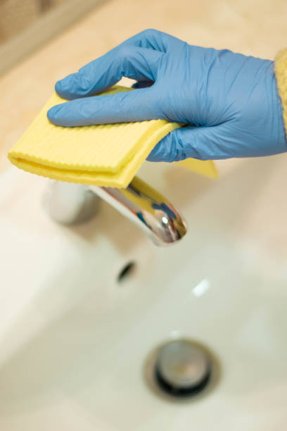 istock Cleaning with spray detergent, rubber gloves and dish cloth 1214954625