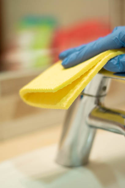 istock Cleaning with spray detergent, rubber gloves and dish cloth 1214954683
