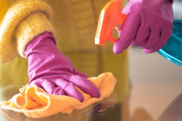 istock Cleaning with spray detergent, rubber gloves and dish cloth 1214954744