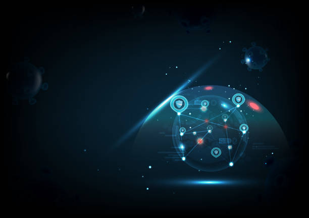 istock Coronavirus COVID-19 on futuristic technology, shield symbol with prevent and protection spreading of virus particles background vector illustration 1214955143