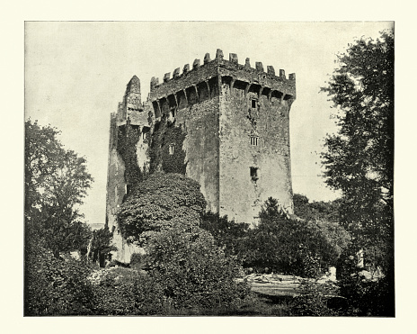 Antique photograph of Blarney Castle a medieval stronghold in Blarney, near Cork, Ireland. The current keep was built by the MacCarthy of Muskerry dynasty, a cadet branch of the Kings of Desmond, and dates from 1446. 19th Century