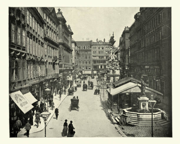 The Graben, Vienna, Austria, 19th Century Antique photograph Antique photograph of The Graben one of the most famous streets in Vienna's first district, the city centre. people shopping in graben street vienna austria stock pictures, royalty-free photos & images