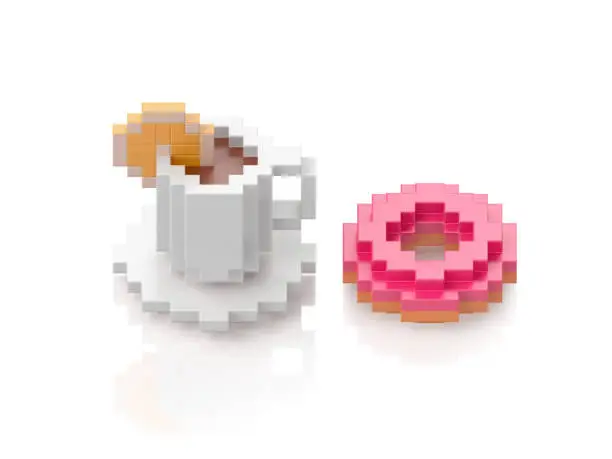 White cup of black coffee and donut on white background. 3d illustration in voxel style.