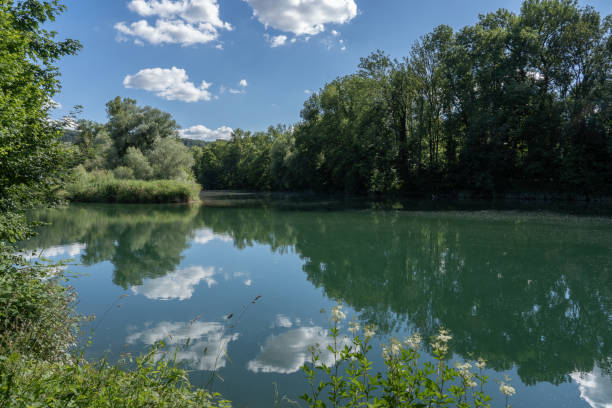 wolkenreflexionen im ruhigen wasser. - flussinsel landform stock-fotos und bilder