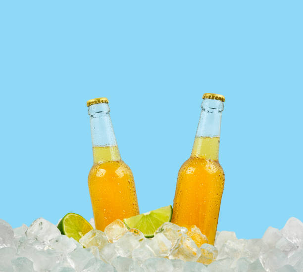 due bottiglie di birra lager su cubetti di ghiaccio - beer bottle beer cold alcohol foto e immagini stock