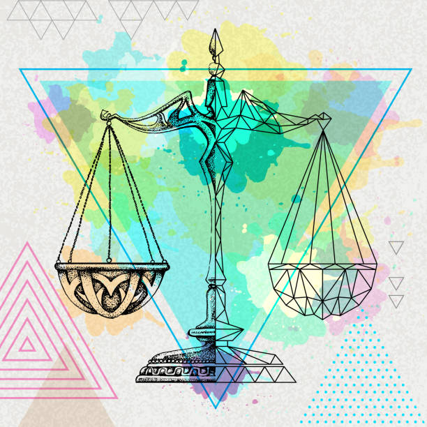 istock Realistic and polygonal illustration of scales on artistic watercolor background. Libra zodiac sign 1214961005