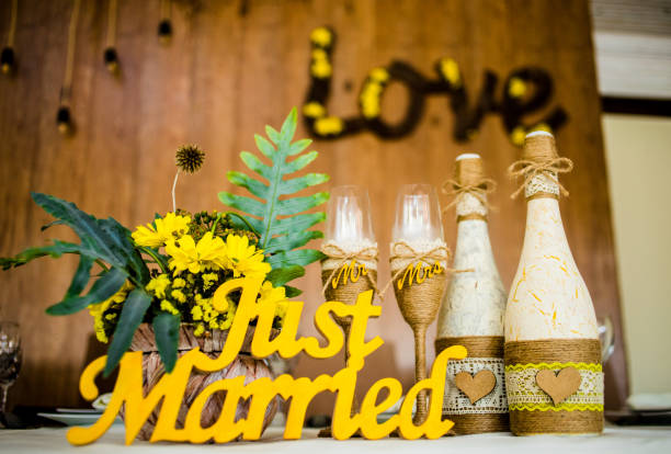 istock Amazing table for newlyweds with a 
inscription 