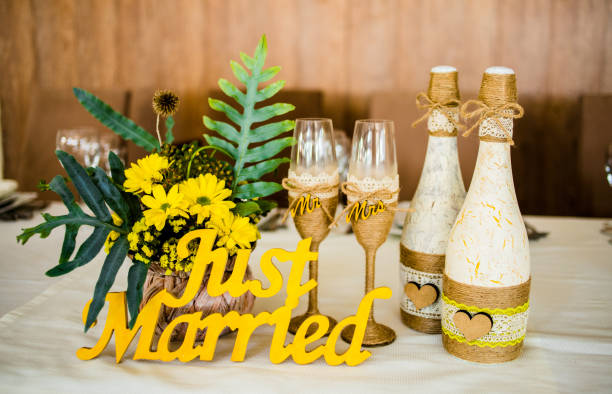 istock Sweet table for newlyweds with a 
inscription 