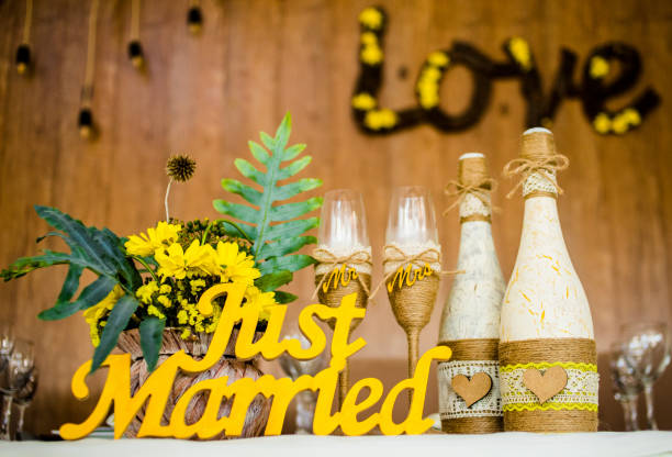 istock Wedding table for newlyweds with a inscription 