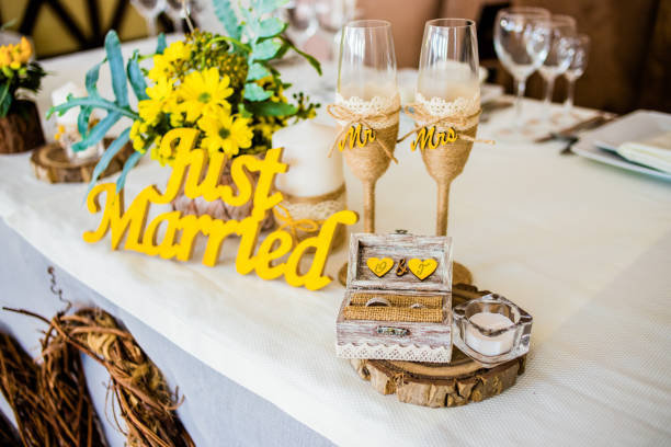 istock Wedding table for newlyweds with a inscription 