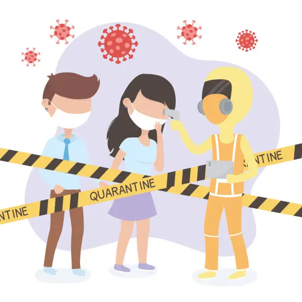 Vector illustration of virus covid 19 quarantine, man and woman staff medical protective suit and scan temperatura corporal