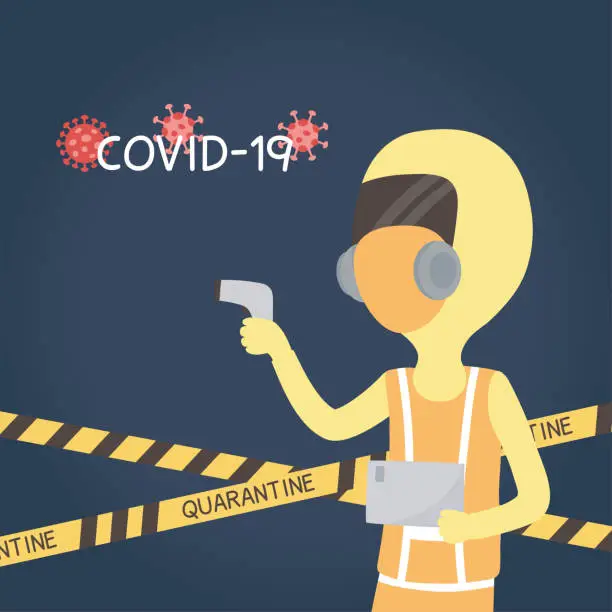Vector illustration of virus covid 19 quarantine, staff medical protective suit and scan temperatura corporal