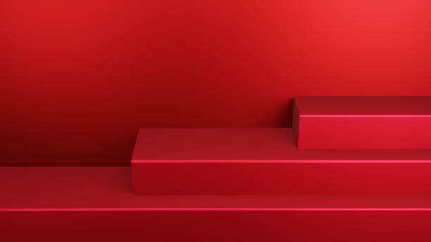 istock Pedestal on a studio floor with 3-layer geometry, simulated background Platform for product presentation Red 3D rendering background 1214964467