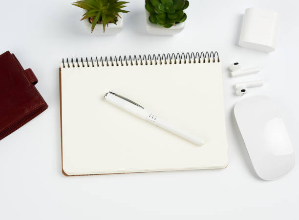 istock open paper notebooks and pen, computer mouse and green plants in a flowerpot on a white table 1214964820