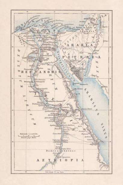 illustrazioni stock, clip art, cartoni animati e icone di tendenza di mappa dell'egitto durante l'impero romano, litografia, pubblicata nel 1893 - gulf of suez