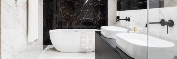 istock Elegant bathroom in marble, panorama 1214970565