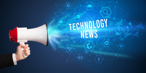 istock Young woman shouting in megaphone, technology announcement concept 1214970767