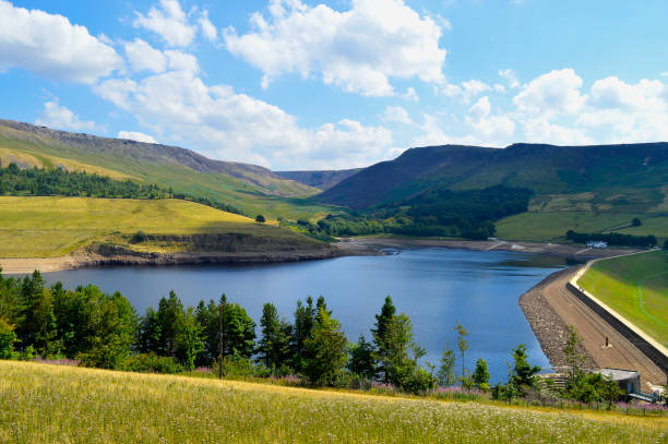 Dovestone Reservoir in summer Dovestone Reservoir lies where the valleys of the Greenfield and Chew Brooks canverge together above the village of Greenfield, on Saddleworth Moor in Greater Manchester reservoir stock pictures, royalty-free photos & images