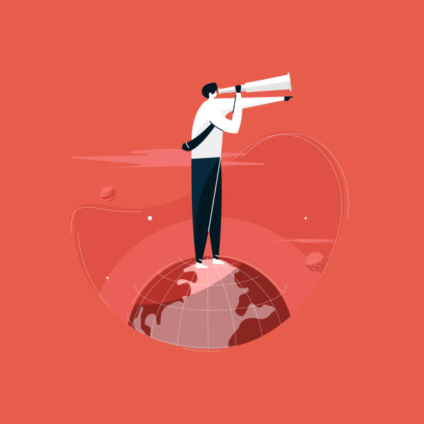 businessman standing on globe with great vision, Aiming for next higher growth illustration, Searching for opportunities vector businessman standing on globe with great vision, Aiming for next higher growth illustration, Searching for opportunities vector one young man only stock illustrations