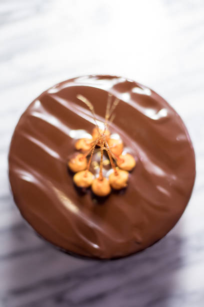 istock Candied Hazelnut Skewers Atop a Chocolate Mirror Glazed Cake 1214974373